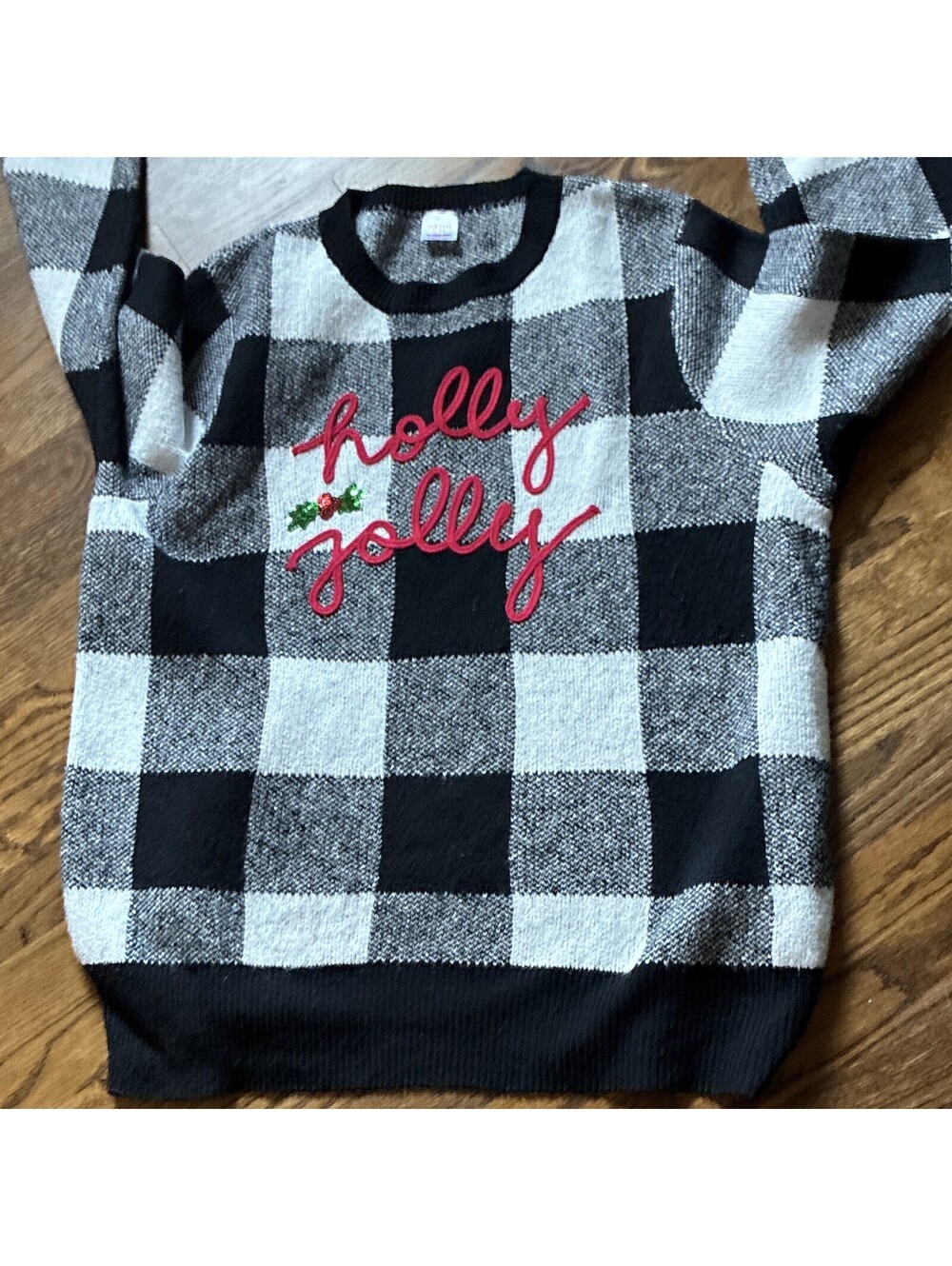 Holiday Time Women’s 1X Black White Check Knit Sweater Embroidered Holly Jolly